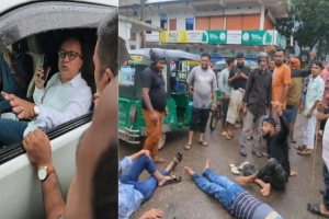 চাঁদাবাজি বন্ধের দাবিতে এমপির গাড়ি আটকে শ্রমিকদের বিক্ষোভ