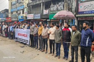 গণমাধ্যম ও সাংস্কৃতিক প্রতিষ্ঠানে হামলার প্রতিবাদে সুনামগঞ্জে মানববন্ধন
