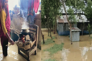 খোয়াই নদীর পানি কমলেও বাঁধের ভাঙা অংশ দিয়ে পানি ঢুকছে লোকালয়ে